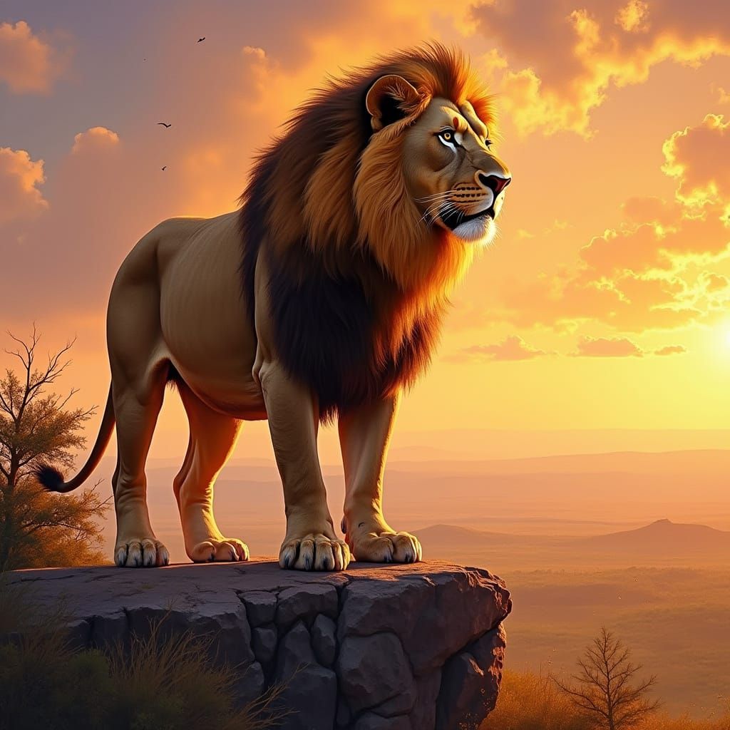 Lion Regally Standing on Rocky Outcrop at Sunset in Epic Imp...