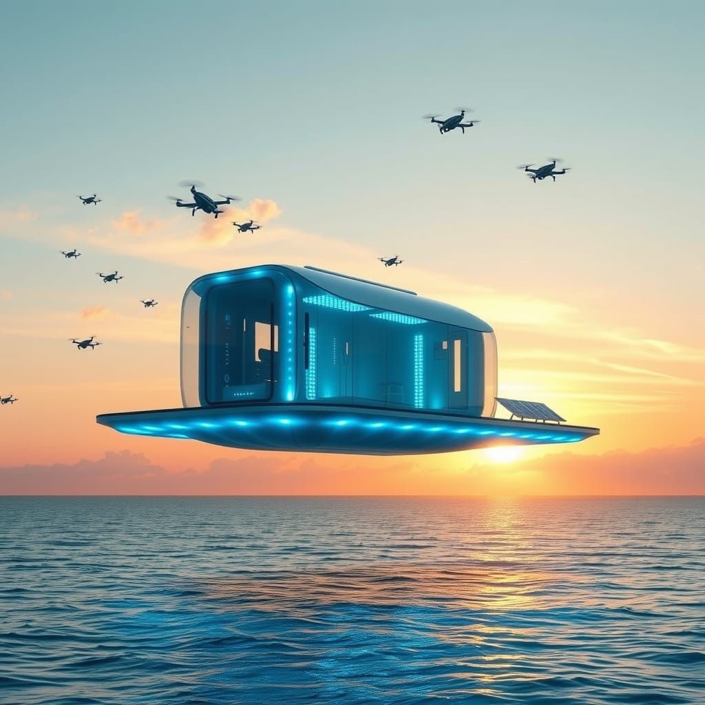 Sleek Futuristic Floating House Illuminates Oceanic Horizon ...