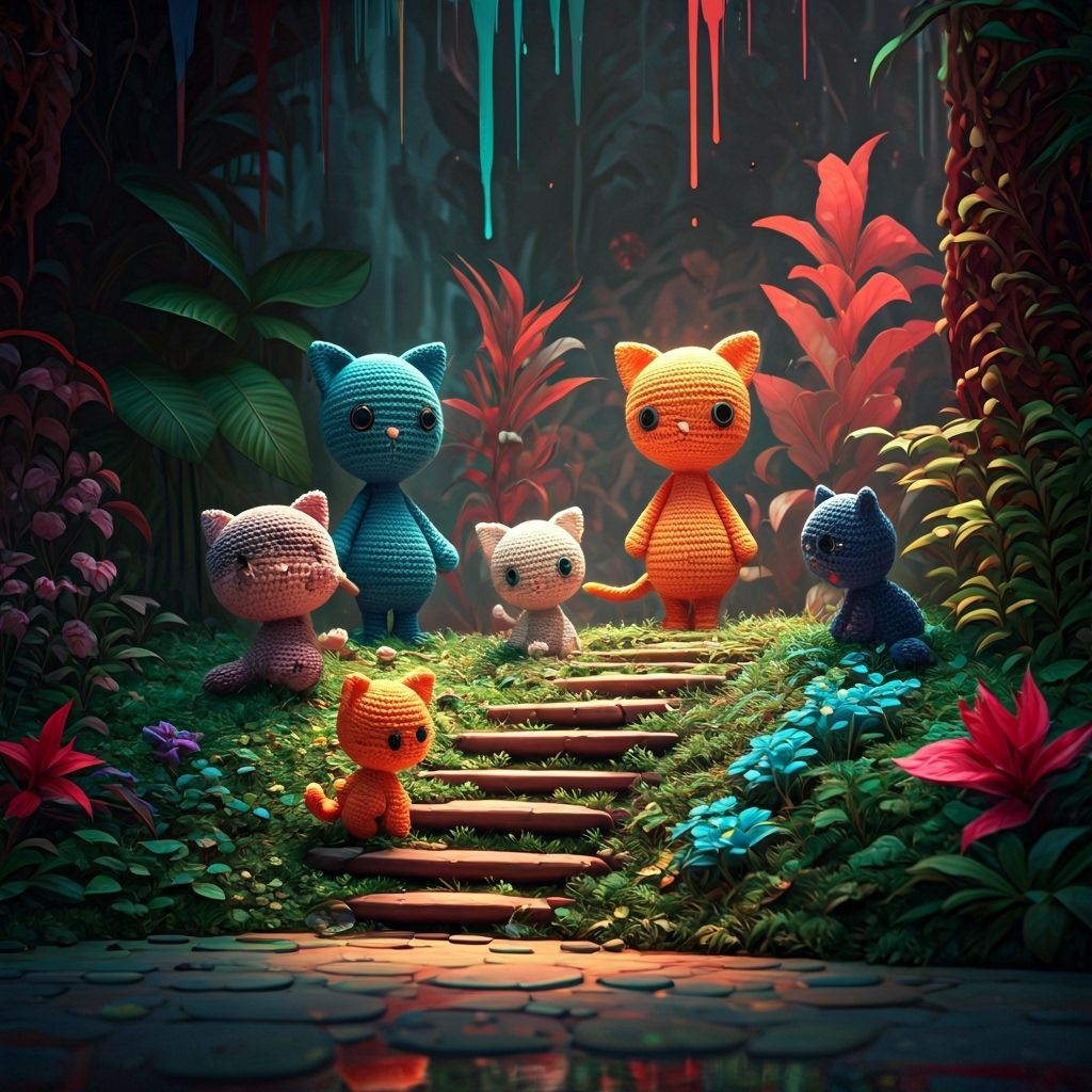 3D Crochet Garden with Cats in Graffiti Art Style