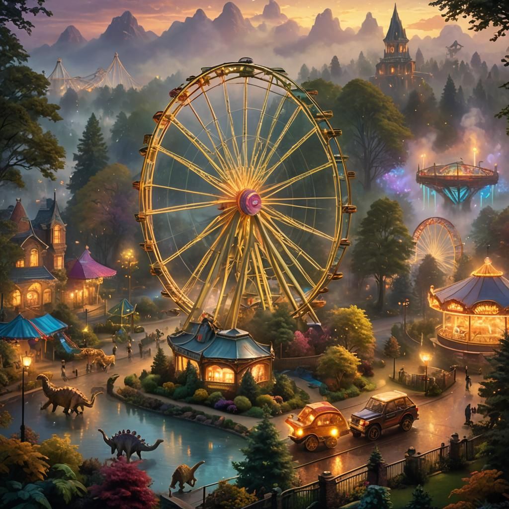 Dinosaur Park in Dreamy Kinkade Style