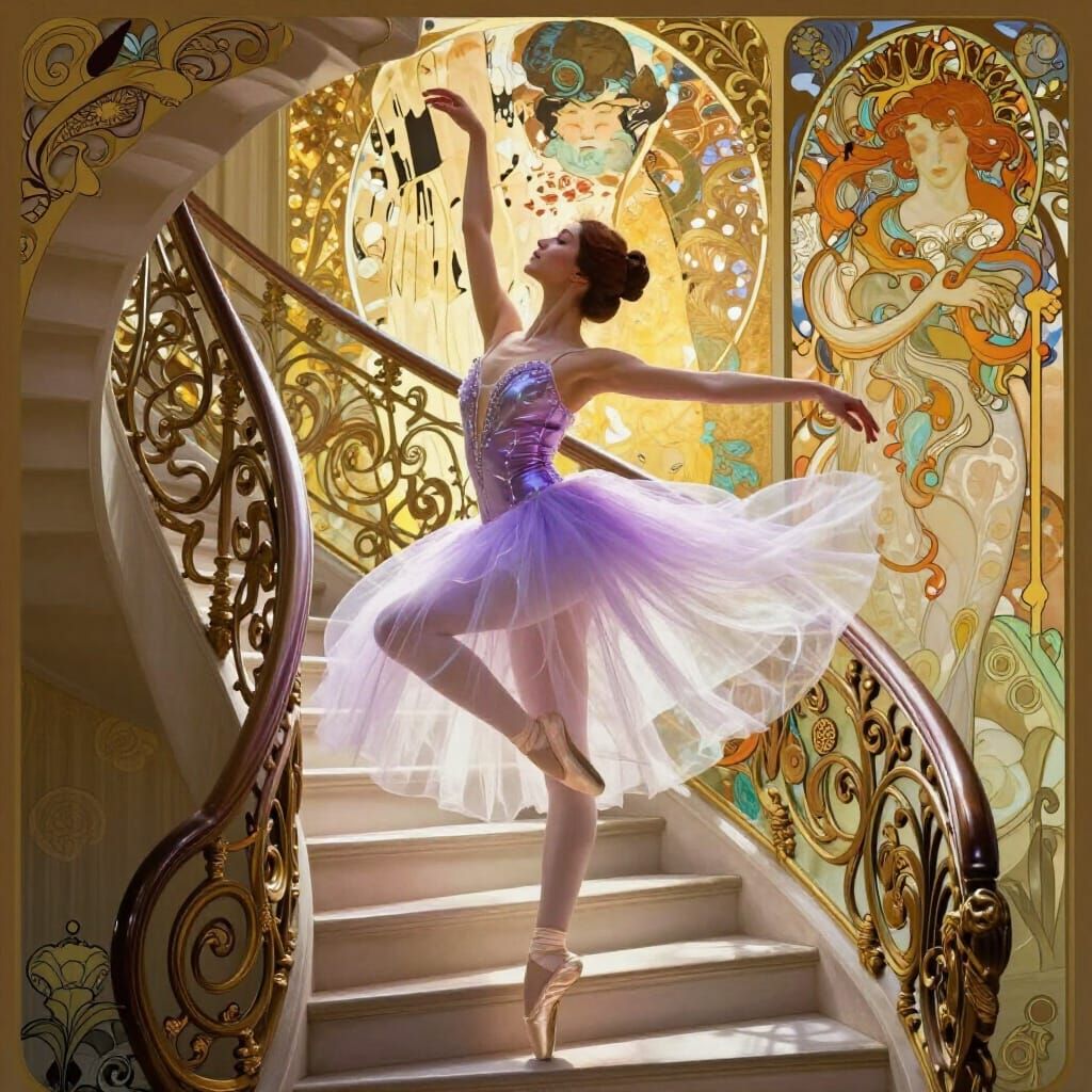 Ballerina Ascends Grand Staircase in Lavish Art Nouveau Styl...