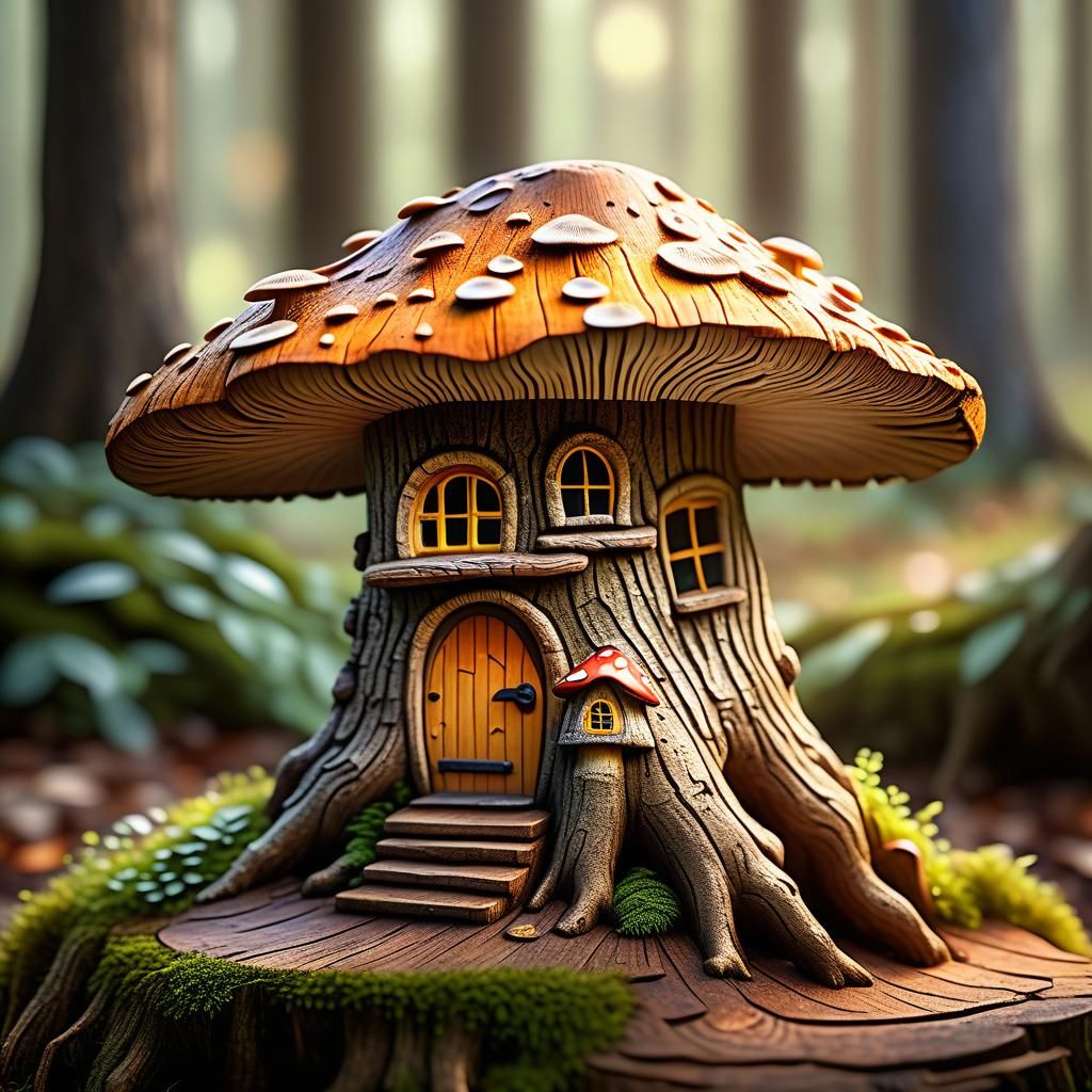 Fairy Mushroom House Carved from Oak Tree