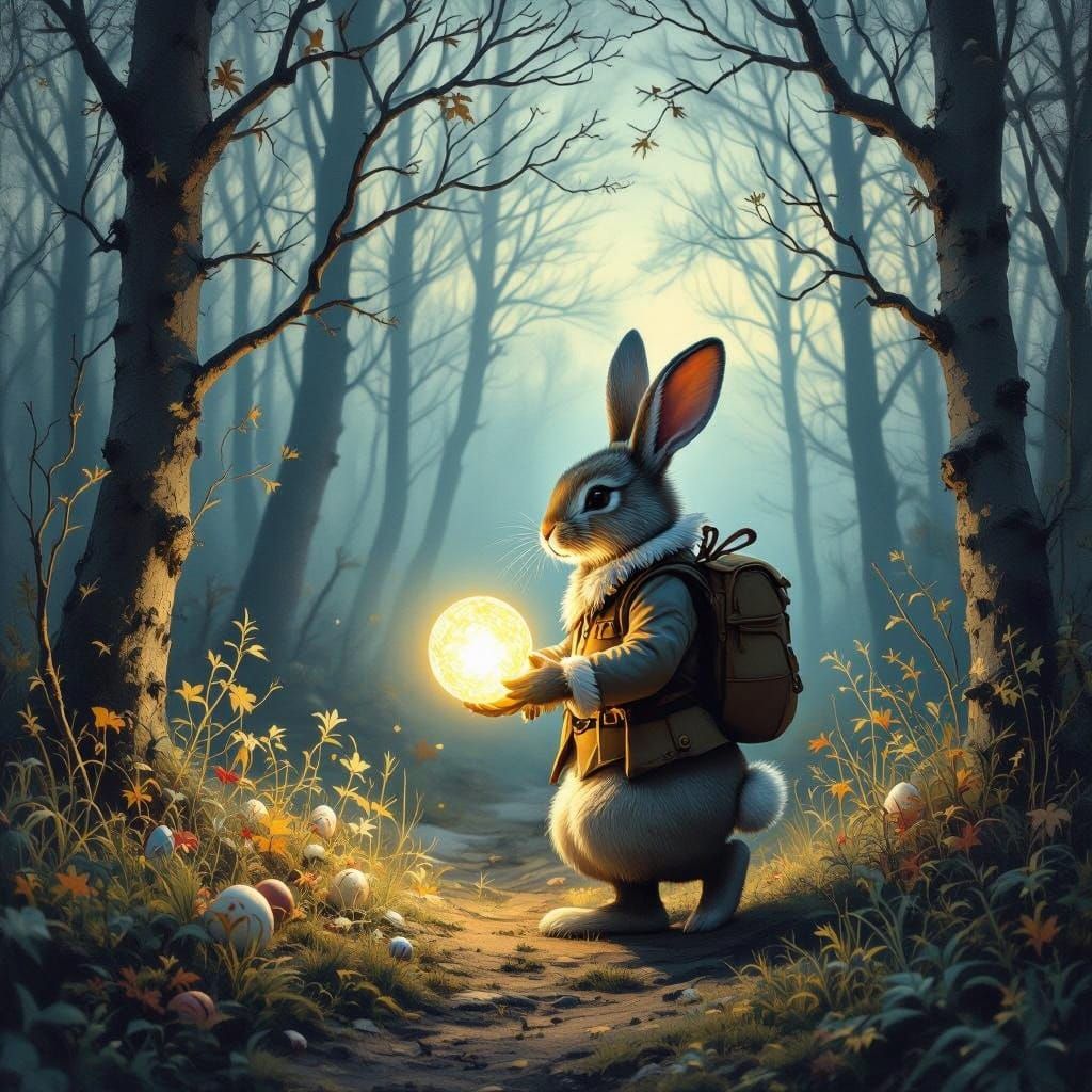 Easter Bunny in Dreamlike Forest at Twilight