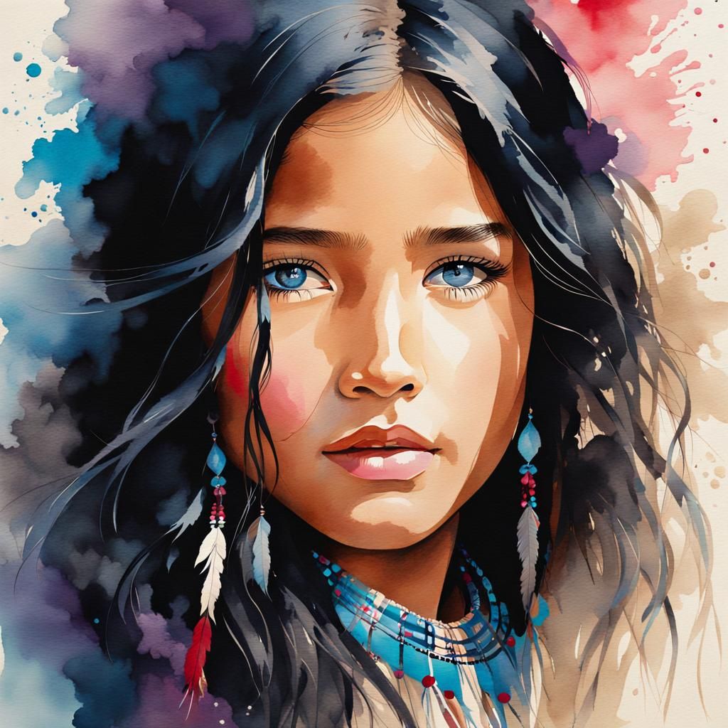 Native American Girl Portrait in Watercolor Style