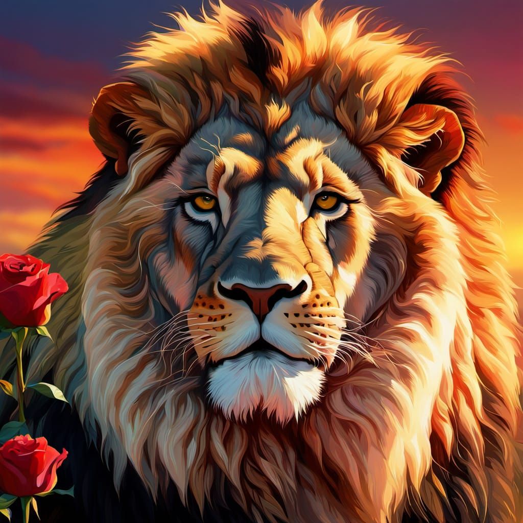 Lion and Rose Close-Up in Golden Light