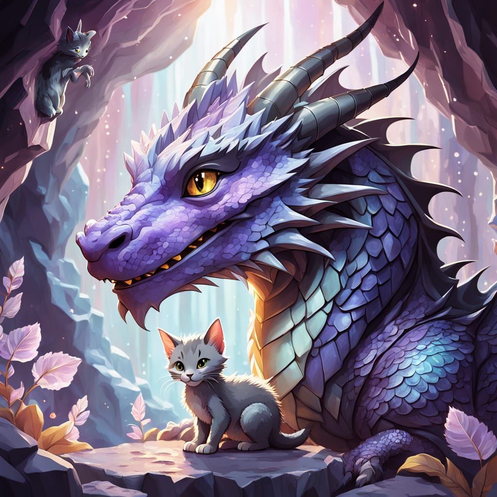 Giant Dragon with Kitten in Glowing Crystal Cave