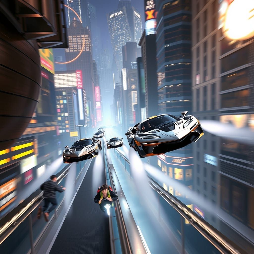 Flying Cars and Jet Pack Adventurers in a Futuristic Citysca...