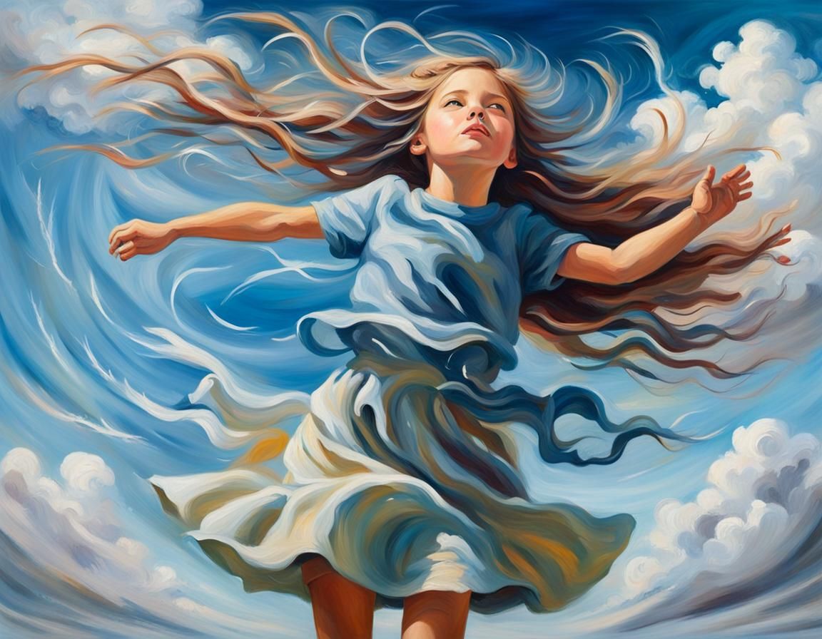 Windy Day Oil Painting of a Girl with Flying Hair