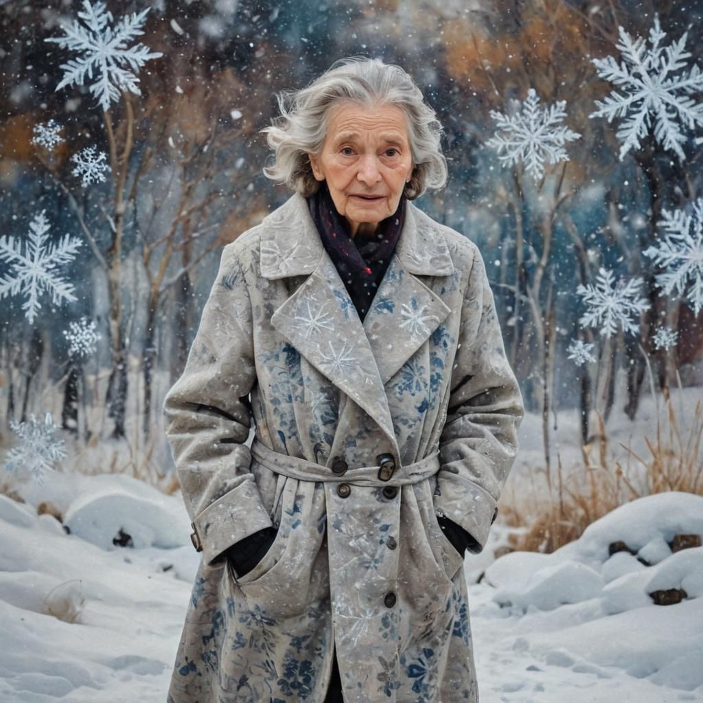 Cubist Old Woman Woven into a Snowdrift as Oil Painting