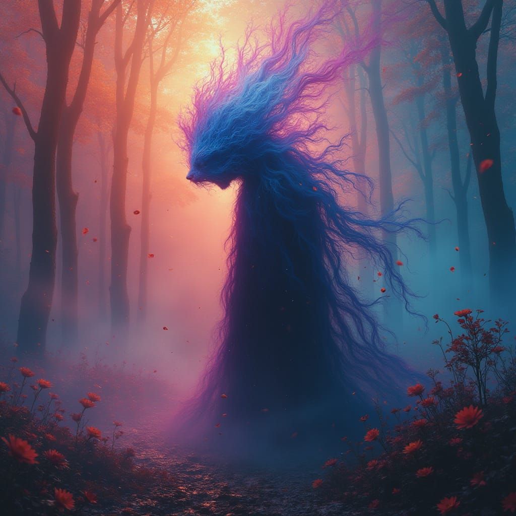 Dreamlike Figure in Vibrant, Swirling Patterns