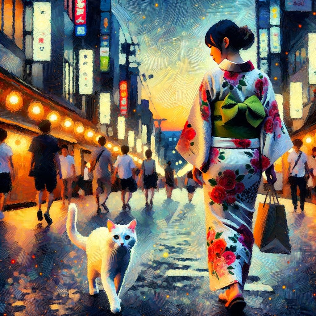 Osaka Dusk: White Cat and Yukata in Impasto Painting