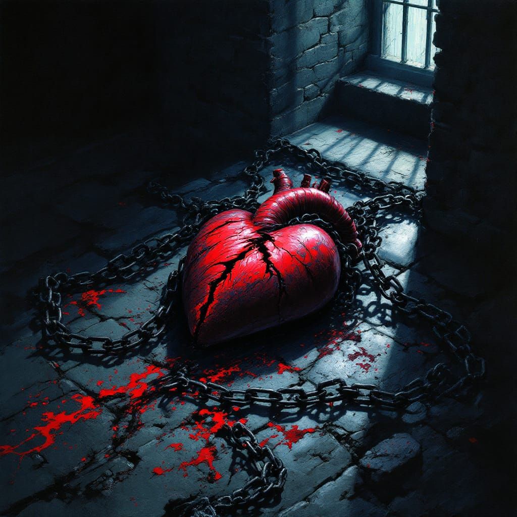 Broken Heart Chained in Dark Jail Cell