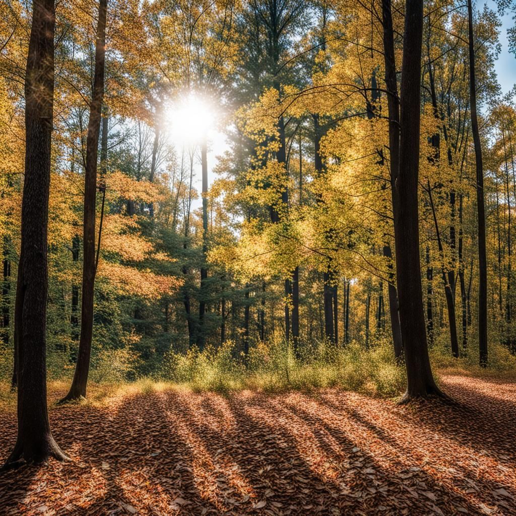 Woods near Luther, Michigan, in late September with the sun ...