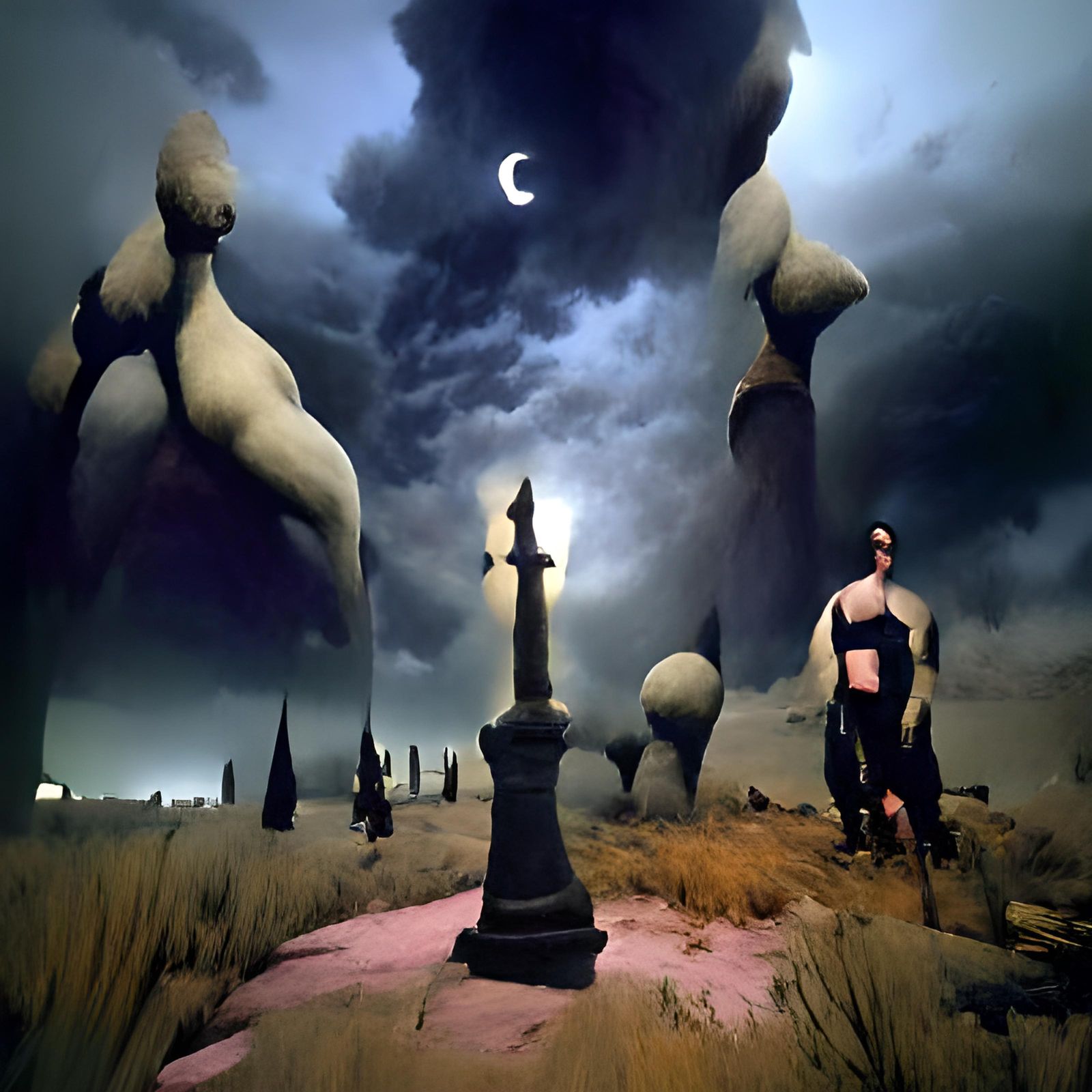 Gothic Grave Scene in Thunderstorm at Twilight
