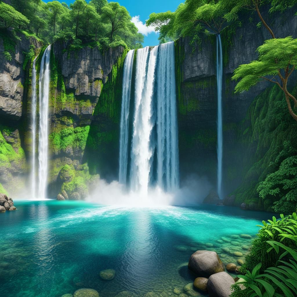 view of an incredibly beautiful paradisiacal waterfall, clea...