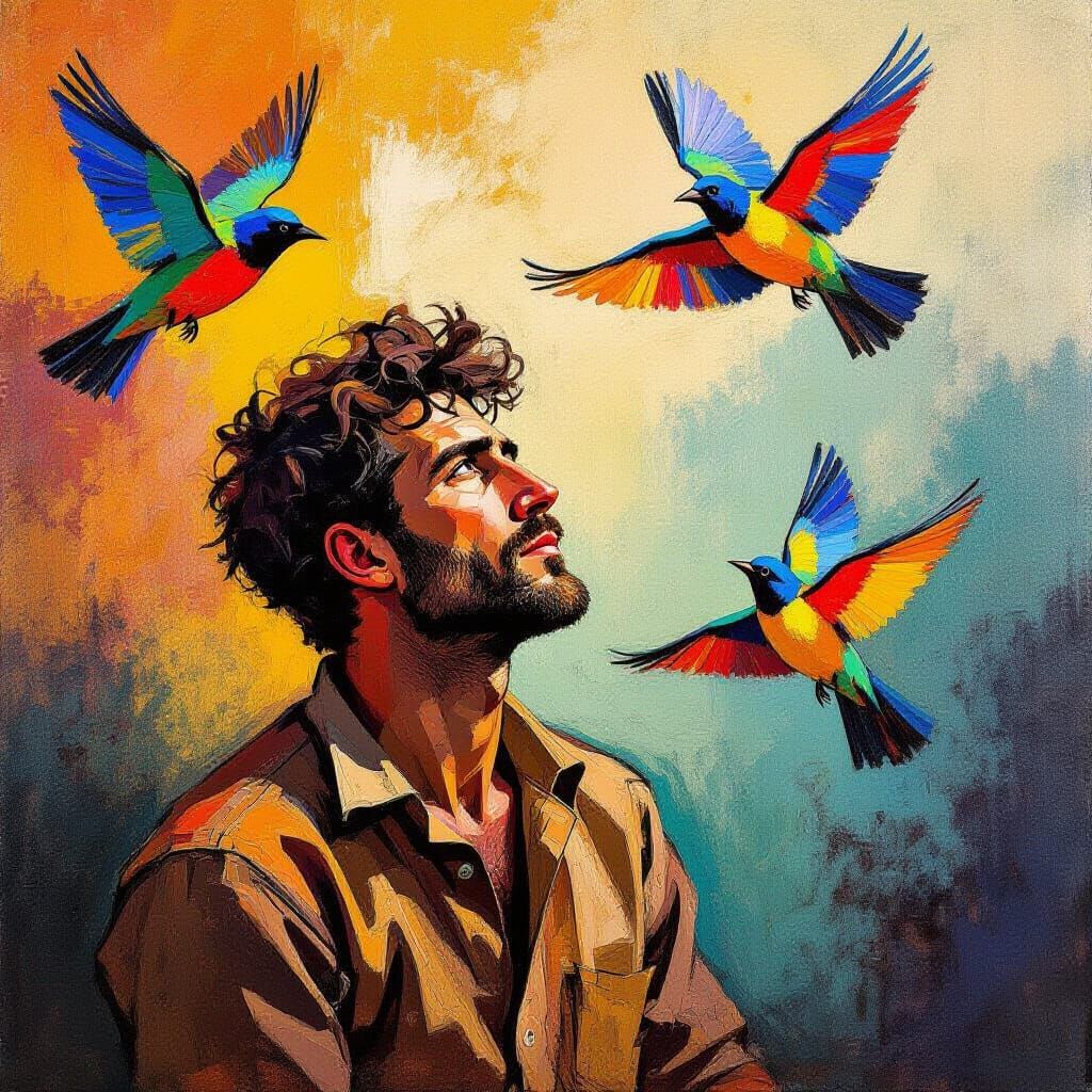 Man Surrounded by Birds in Abstract Expressionist Style