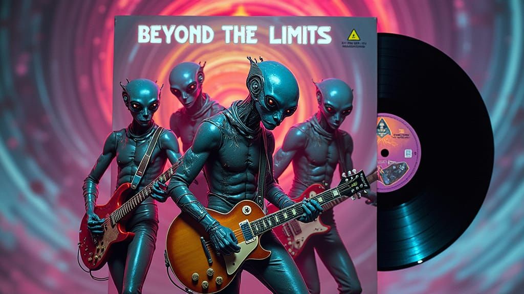 Retro-Futuristic Album Cover with Alien Musicians