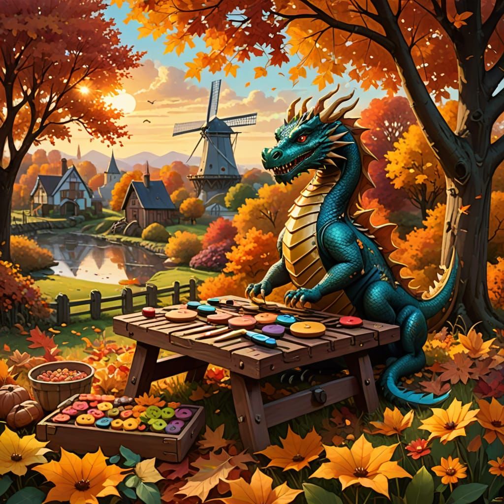 Ethereal Dragon Amidst Autumn Floral Landscape