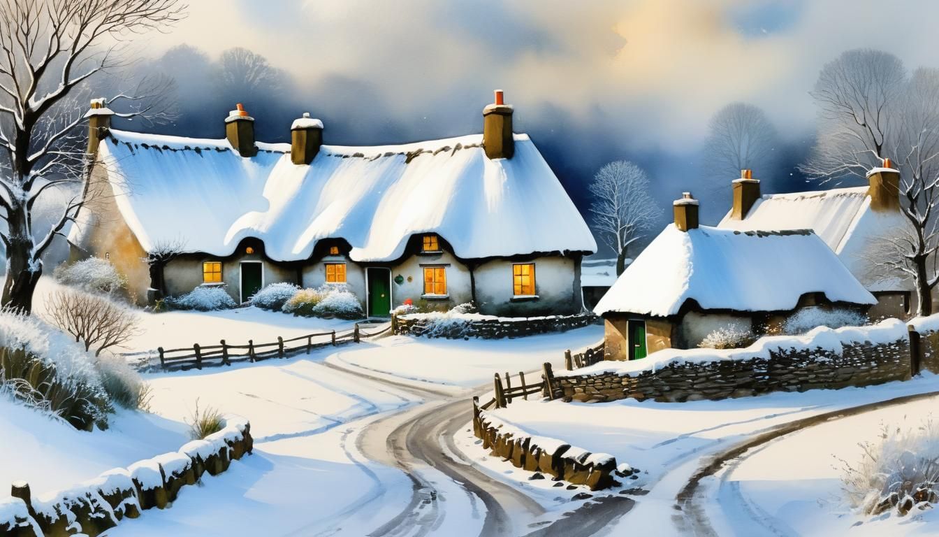 Christmas in Old Irish Countryside: Watercolor Scene