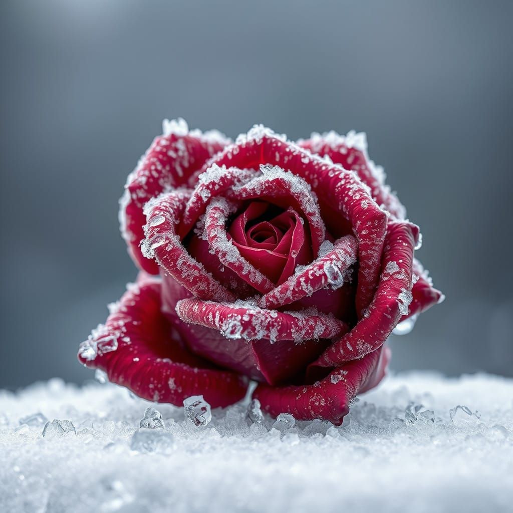 Frozen Red Rose Blooms in Winter Wonderland