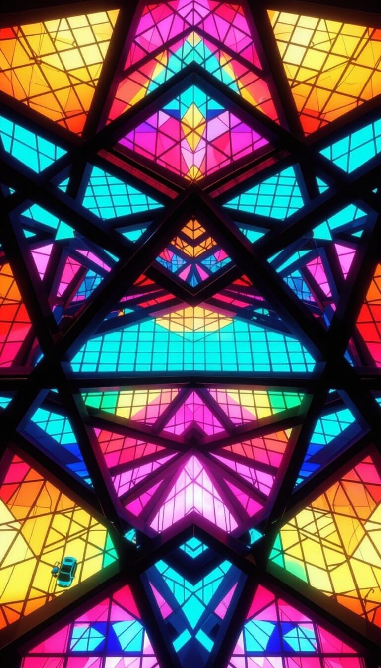 Futuristic Floating Building with Stained Glass Windows