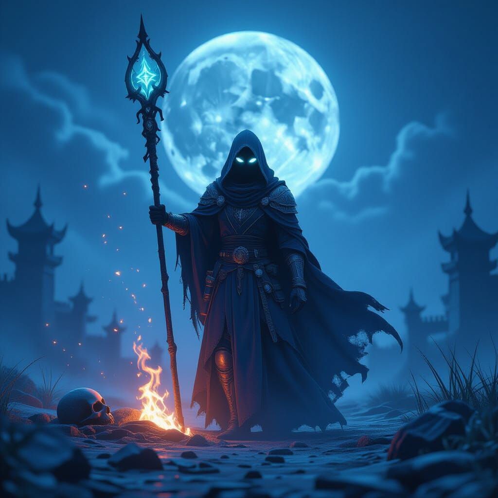 Masked Necromancer Raises One Soldier on Moonlit Battlefield