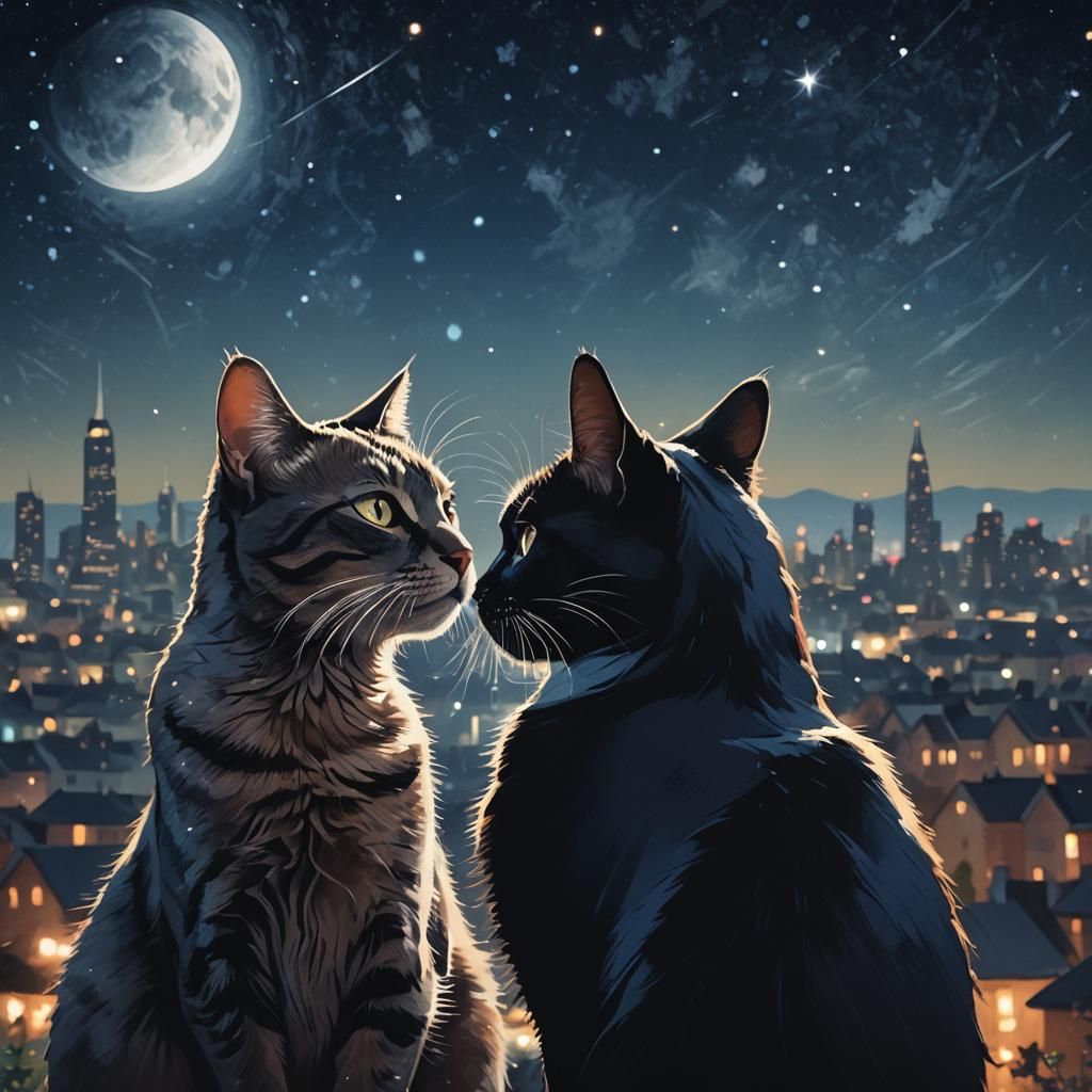 Romantic Starry Night with Silhouetted Cats