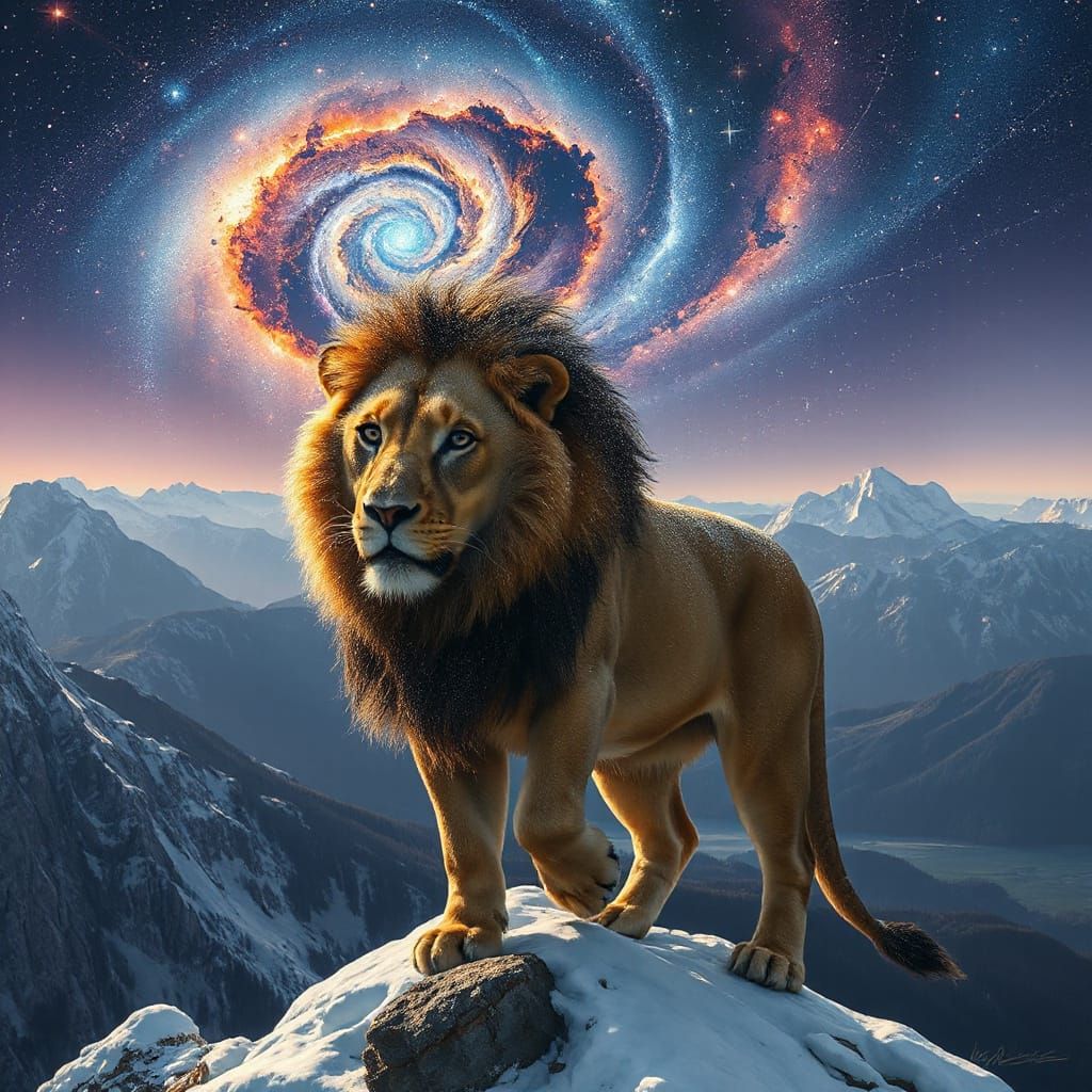 Stardust Lion Gazing at Galaxy on Snowy Peak