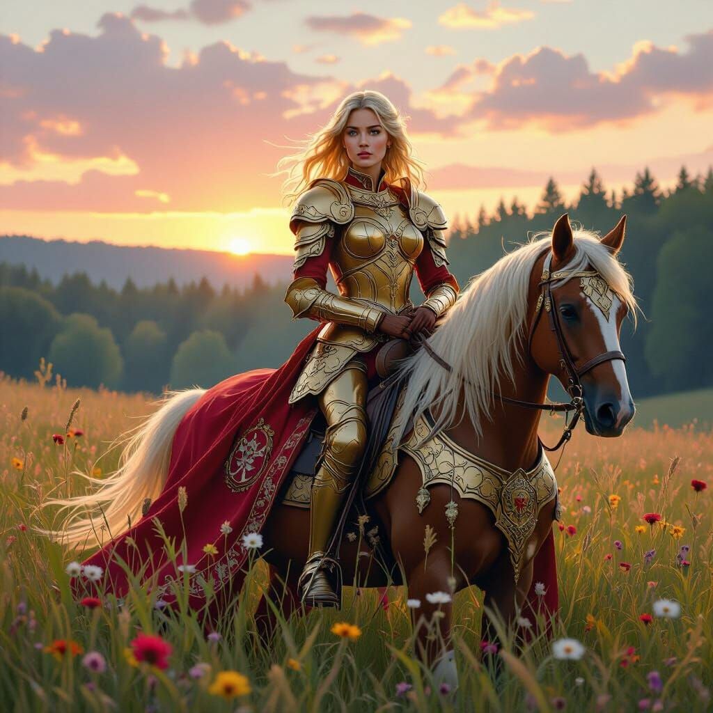 Armored Woman on Horse in Field, Art Nouveau Style