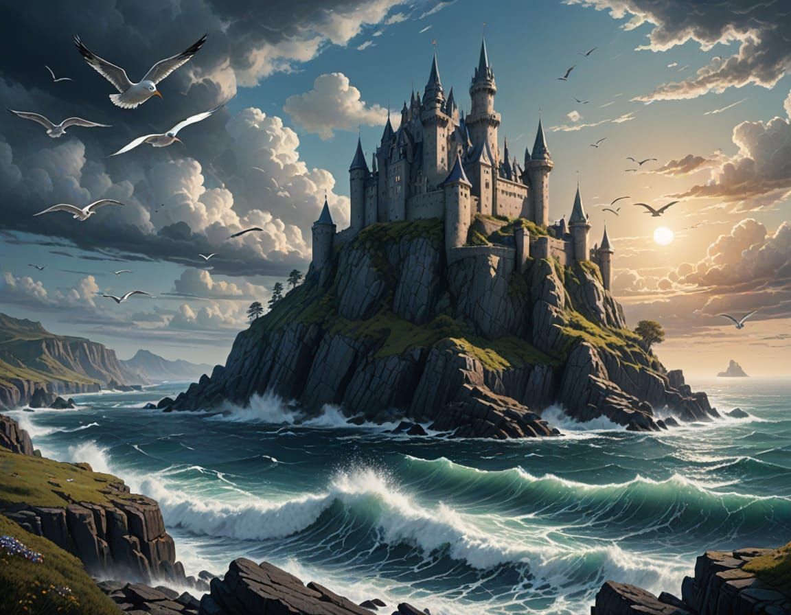 Majestic Castle on Cliffs Overlooking Sea