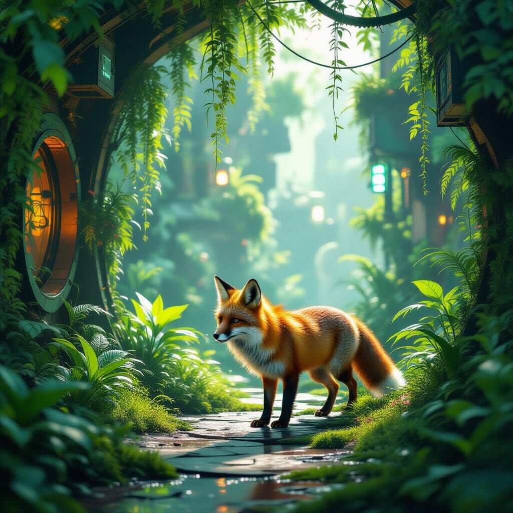 Fox Explores Bioluminescent Solarpunk Cityscape in Painterly...