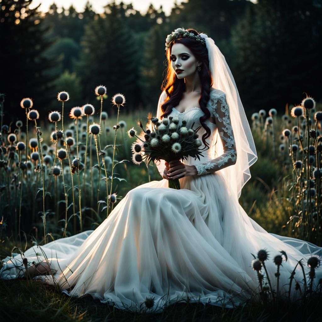 Ghost Bride with Crooked Smile in Dark Forest