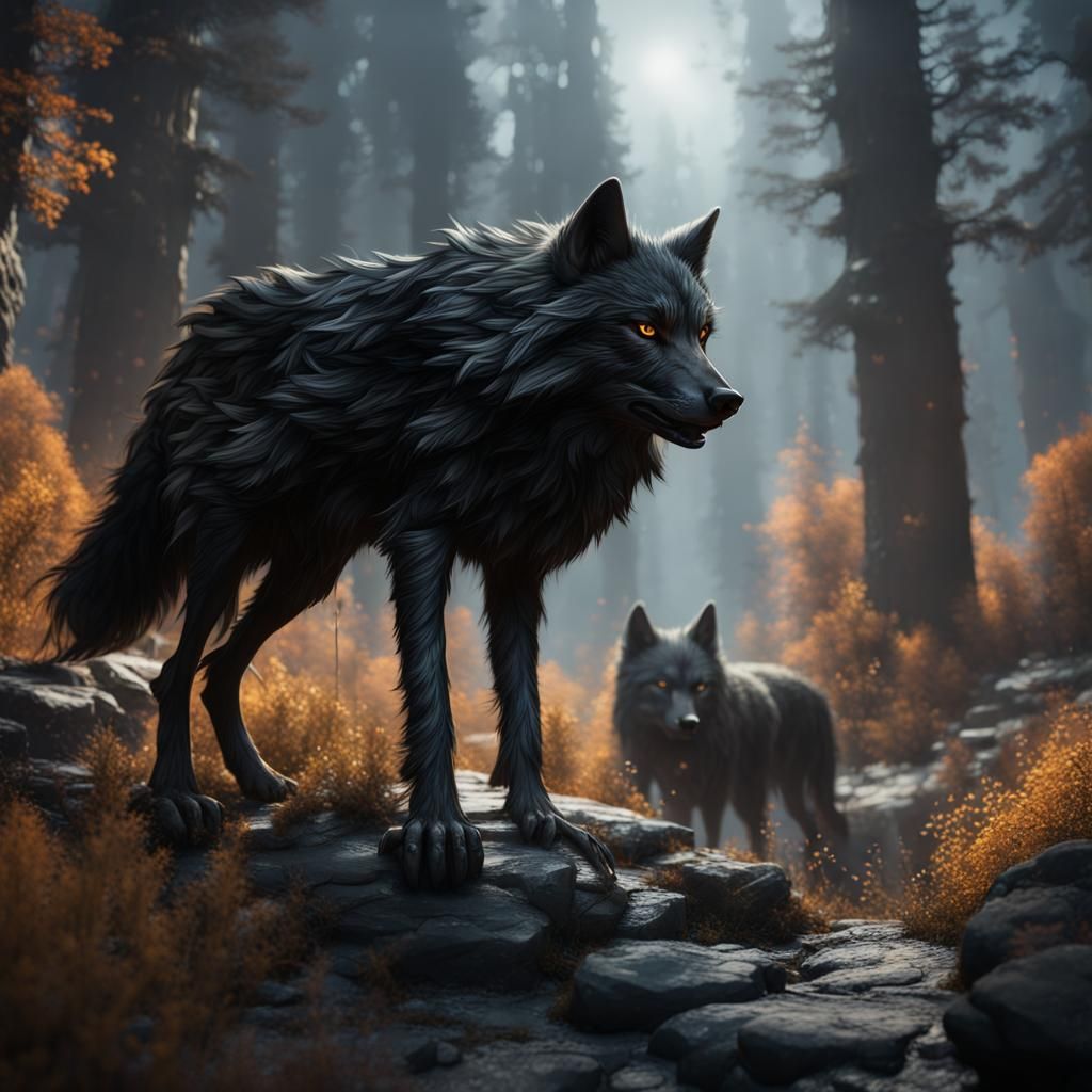 Detailed Black Wolf Fantasy Concept Art