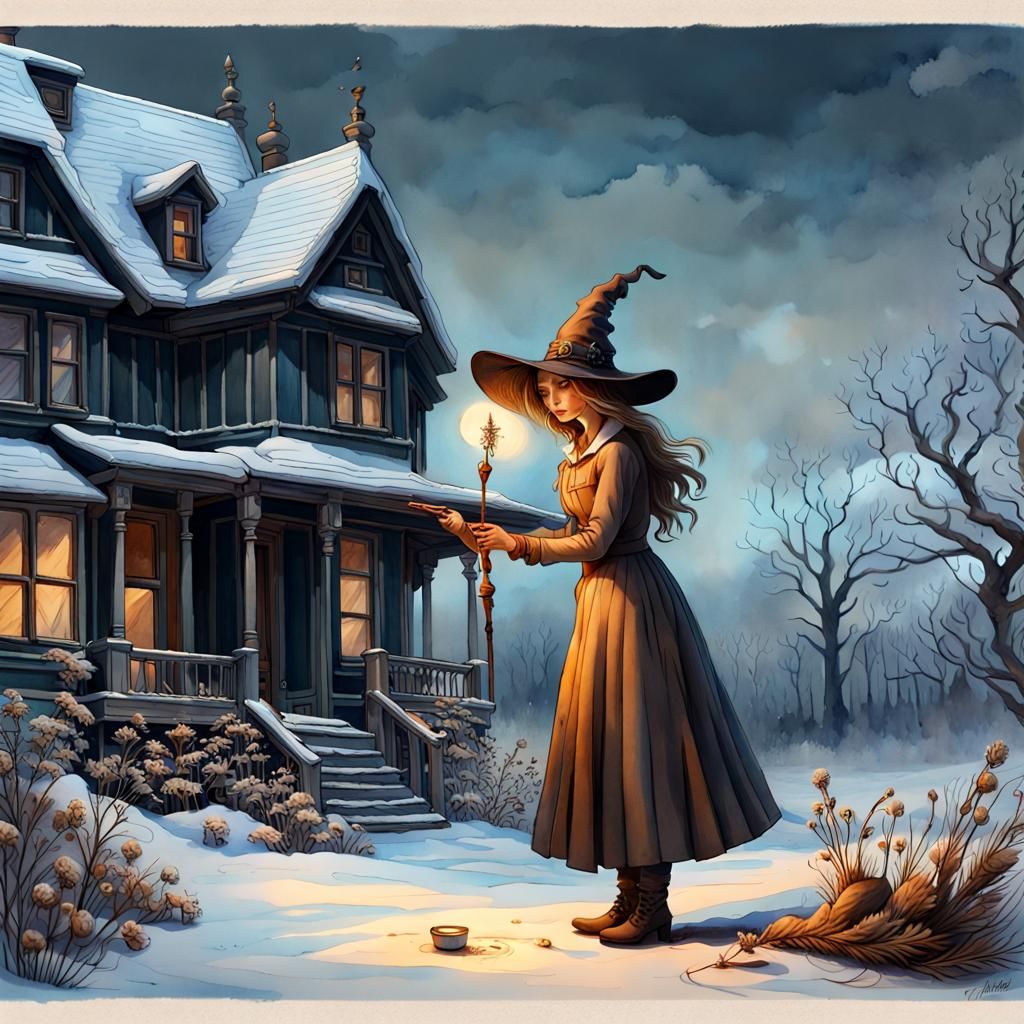 Kind Sorceress Reads Spells in Gouache Watercolor