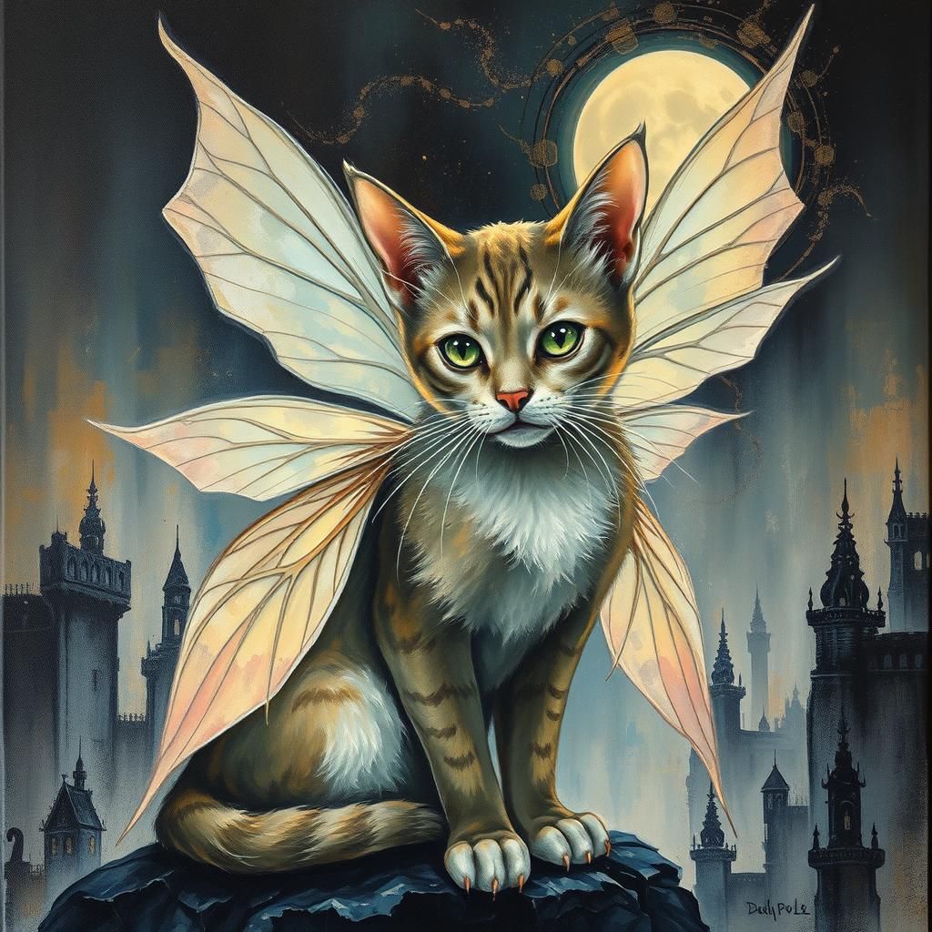 Fairy Elf Cat with Glowing Wings in Dystopian City