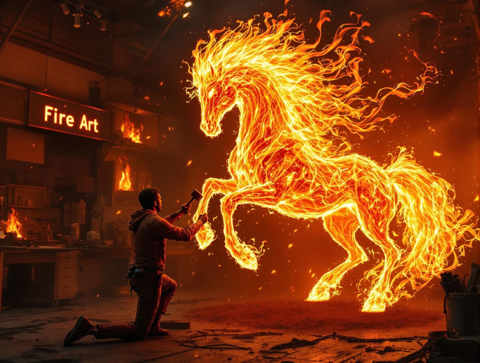 Fiery Sculptor Creates a Horse Sculpture