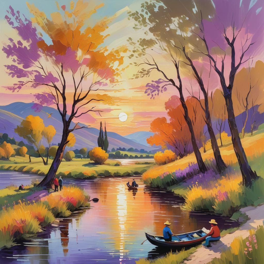 Impressionist River Landscape with Sunset, Oil Painting