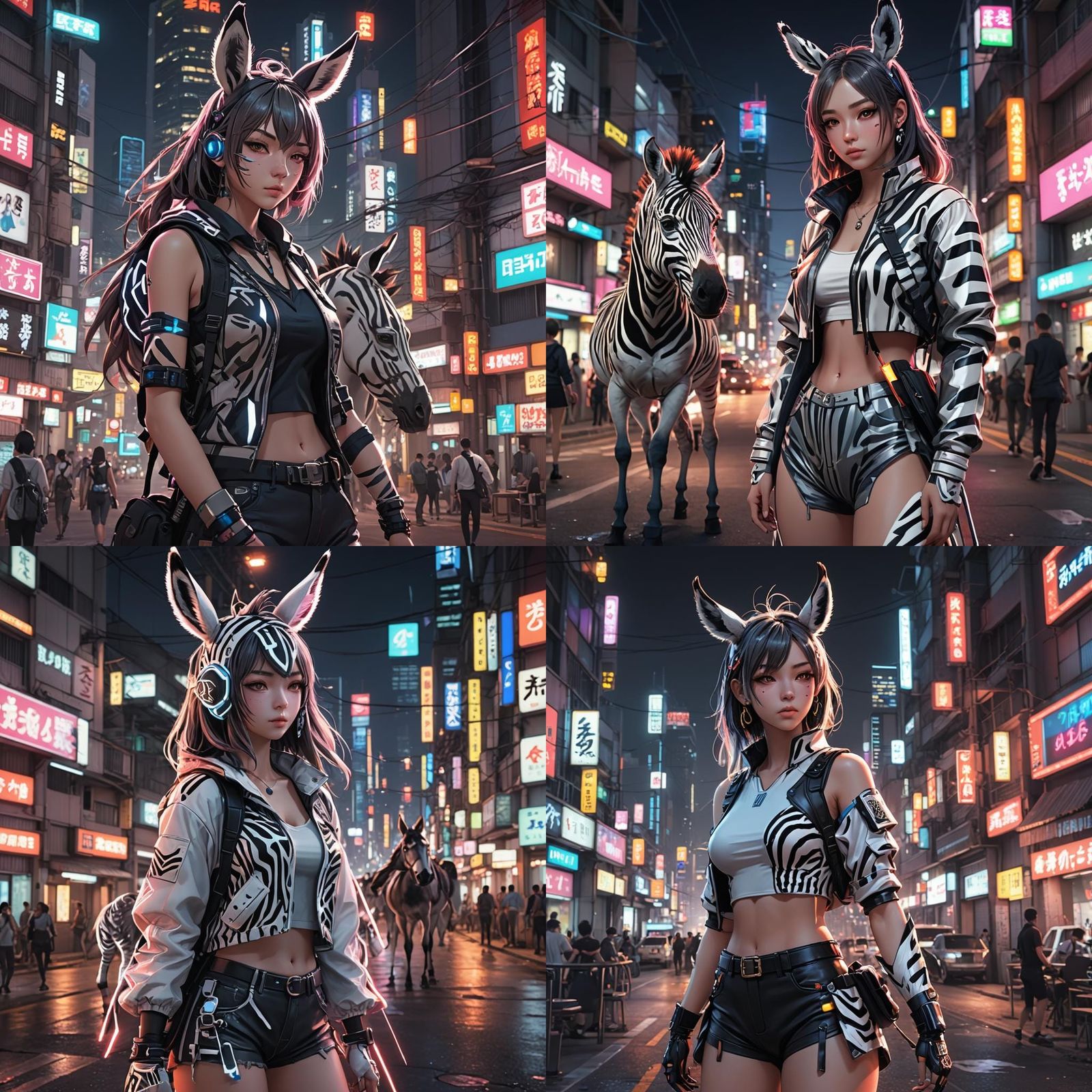 Zebra-Donkey Hybrid Girl in Neon Cityscape