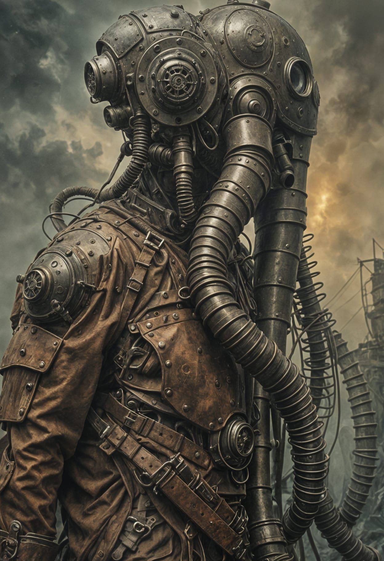 Zdzislaw Beksiński gas mask prowler in leather and metal armor highly detailed biomechanics iron giant back