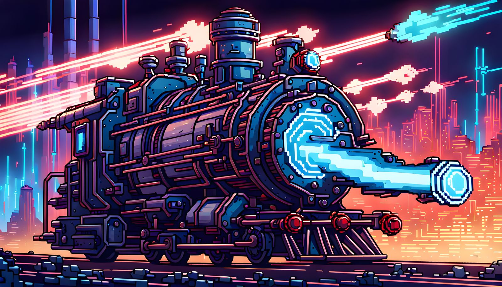Retro Pixel Art Locomotive with Cyber Bow Cannon