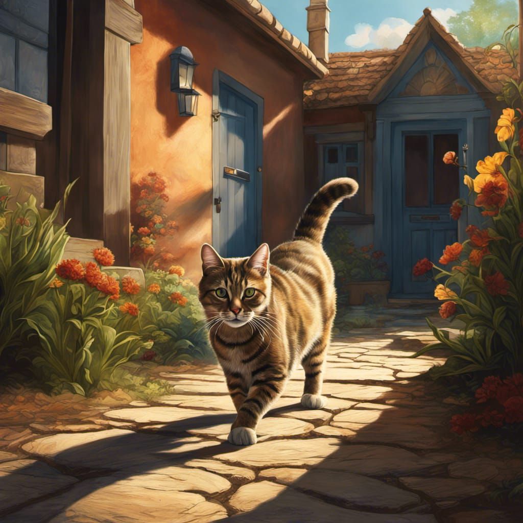 Tabby Cat Stalks Mediterranean Village in Detailed Matte Pai...