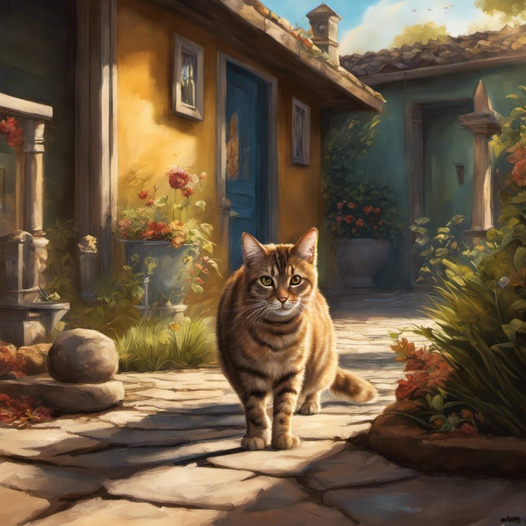 Tabby Cat Stalking in Mediterranean Village: Matte Painting