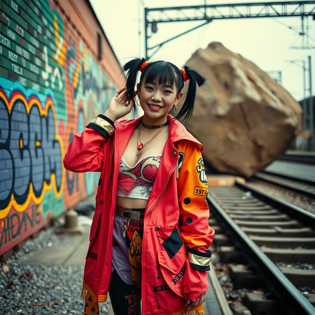 Edgy Woman Poses near Graffiti Wall in Cinematic Scene