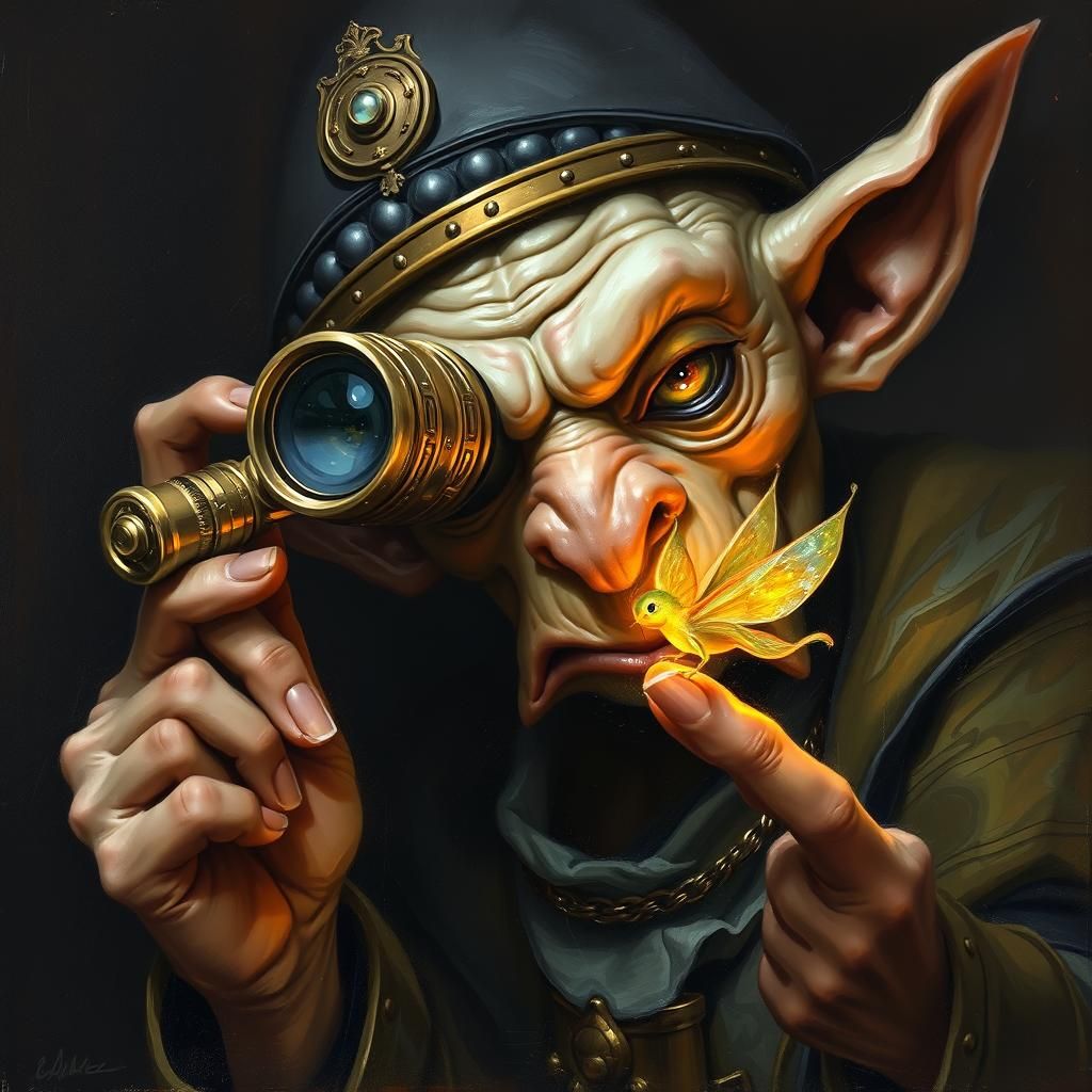 Goblin Scholar Examines Pixie as Impasto Oil Painting