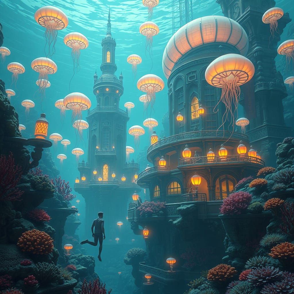 Underwater City with Glowing Jellyfish Lanterns