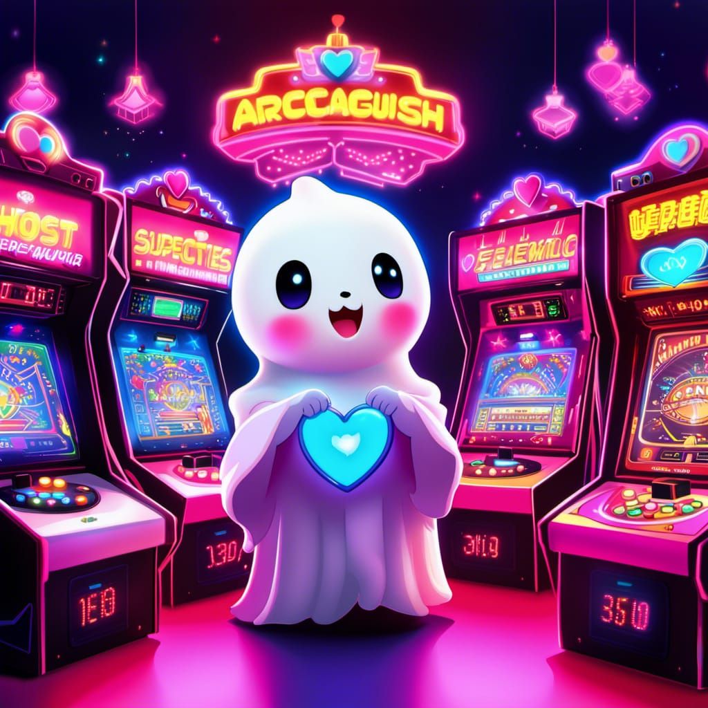 Kawaii Ghost in Neon Arcade, Digital Painting