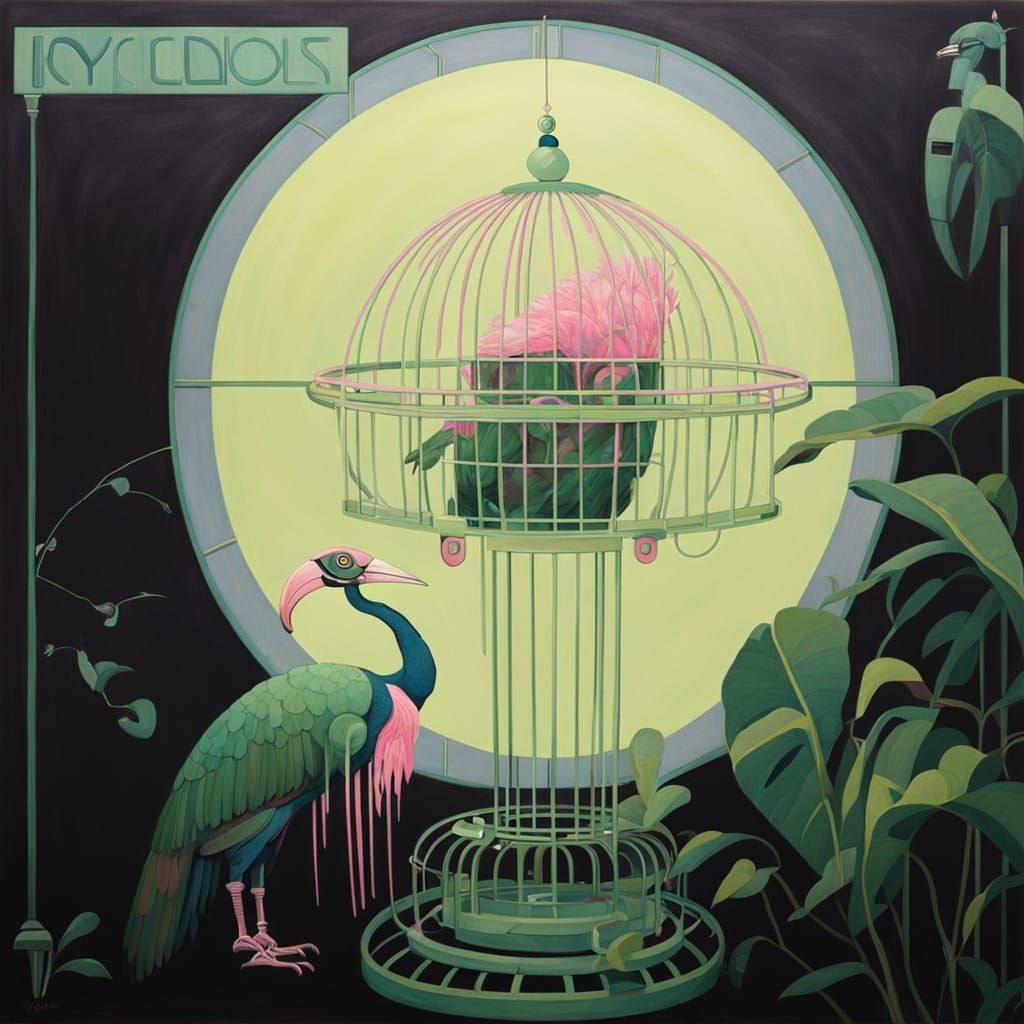 Art Deco Robot Observes a Caged Cassowary