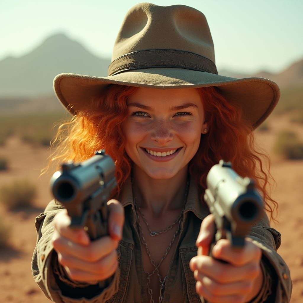 Girl in Cowboy Hat Winks with Futuristic Pistols in a Low-Sp...