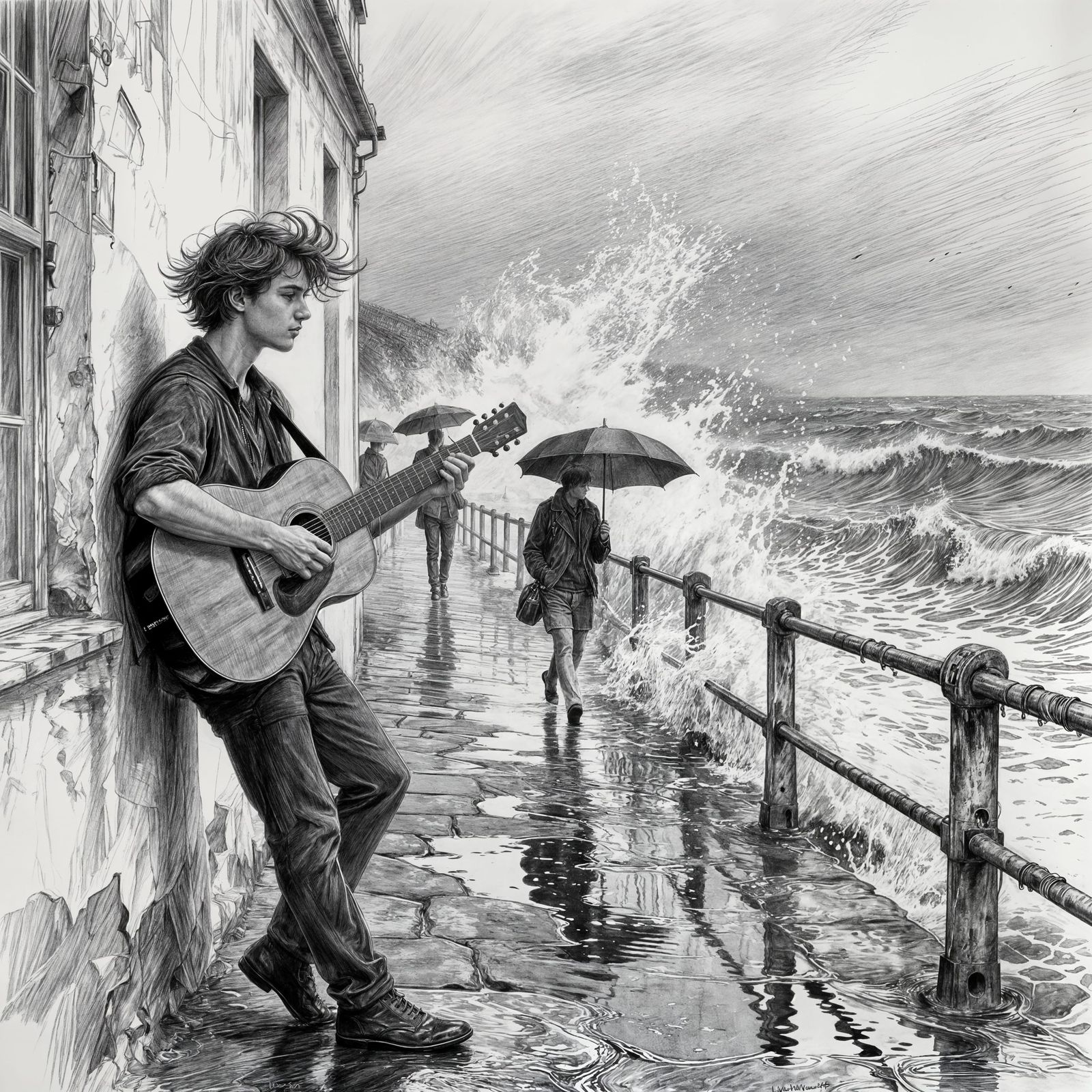 Man Playing Guitar on Seaside Promenade in Pencil Sketch Sty...