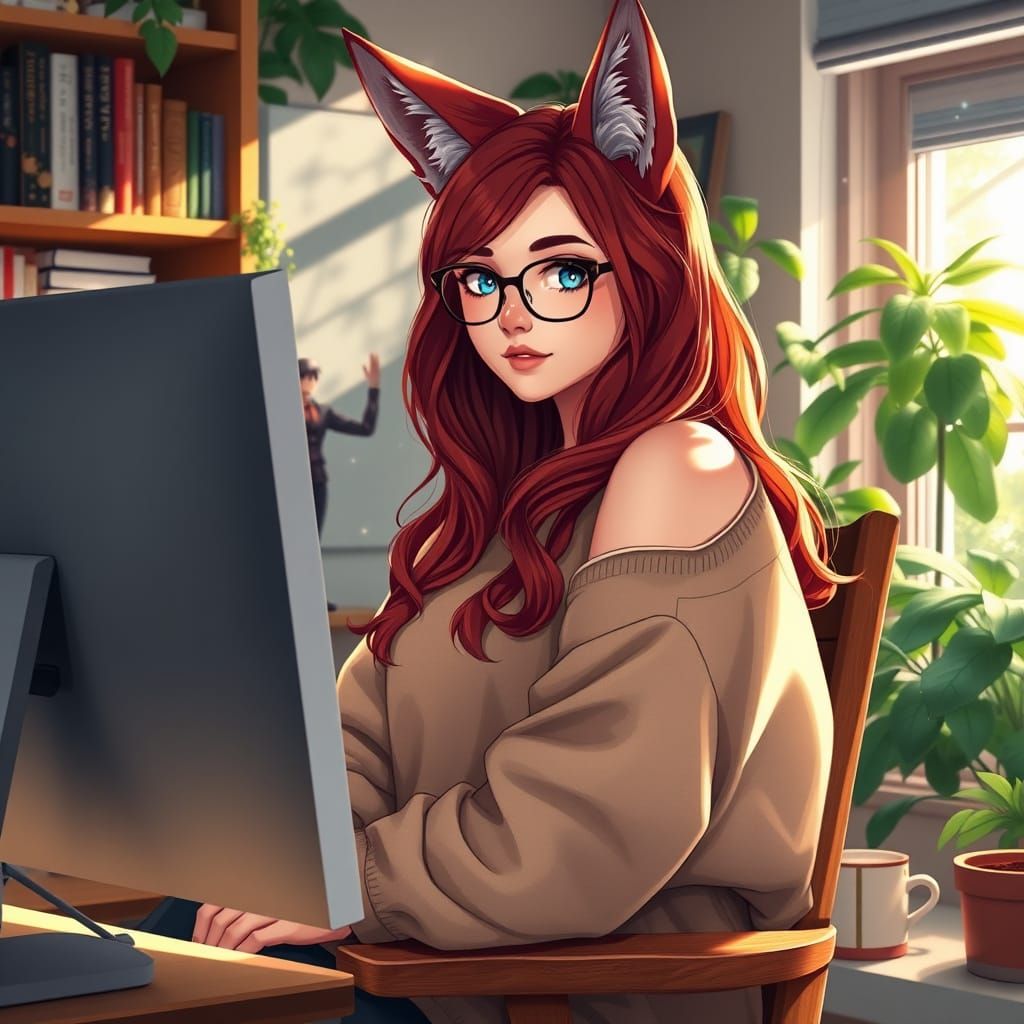 Fox-Eared Woman Working at Desk in Hyperrealistic Style